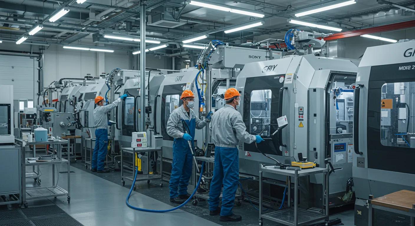 a modern industrial cleaning team, equipped with advanced tools and safety gear, meticulously cleans expansive machinery in a sleek, well-lit manufacturing facility, exuding professionalism and efficiency.