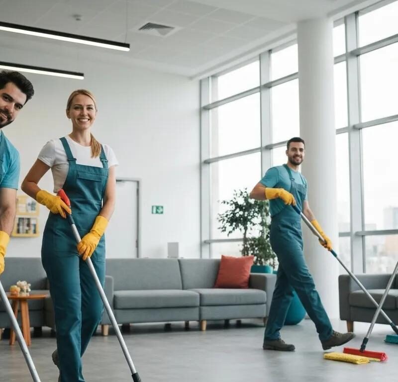 Professional cleaning team using eco-friendly products in a commercial space